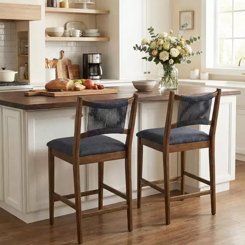 Set of 2 Modern Rubberwood Upholstered Counter Stools with Woven Rope Backrest, 300 lbs