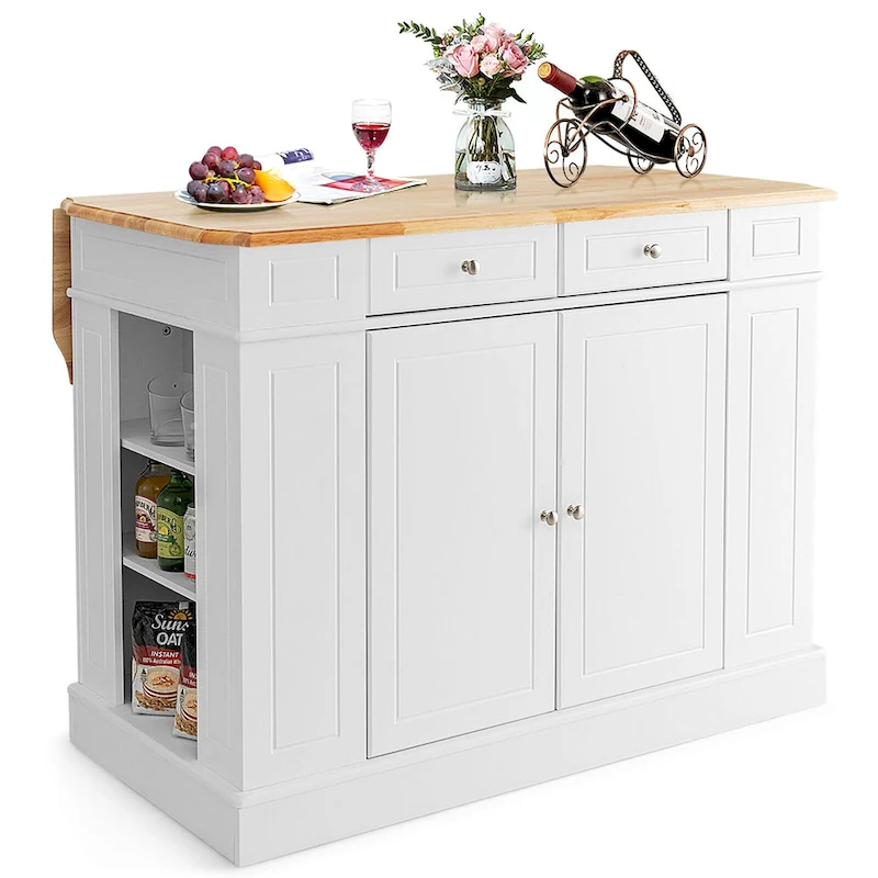 Gymax Large Kitchen Island Drop Leaf Breakfast Bar w/ Wood Top Shelves
