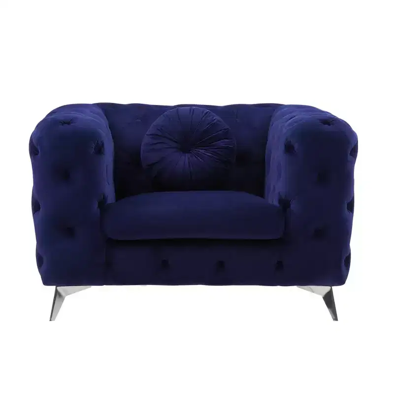 Tufted Velvet Accent Chair with Arms, Wood Frame & Metal Legs, Glossy Finish