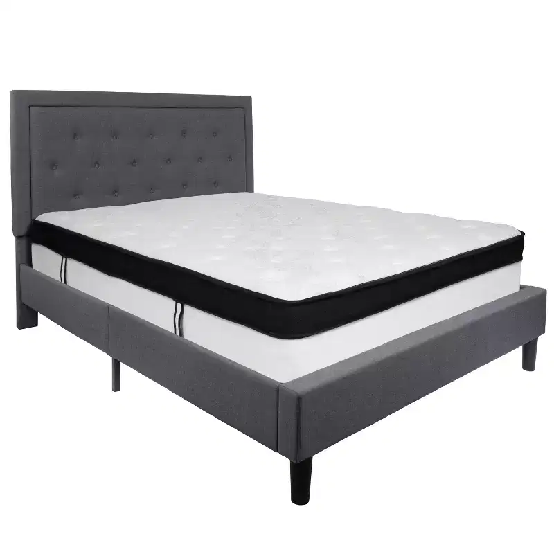 Flash Furniture Roxbury Panel Tufted Upholstered Platform Bed and Memory Foam Pocket Spring Mattress