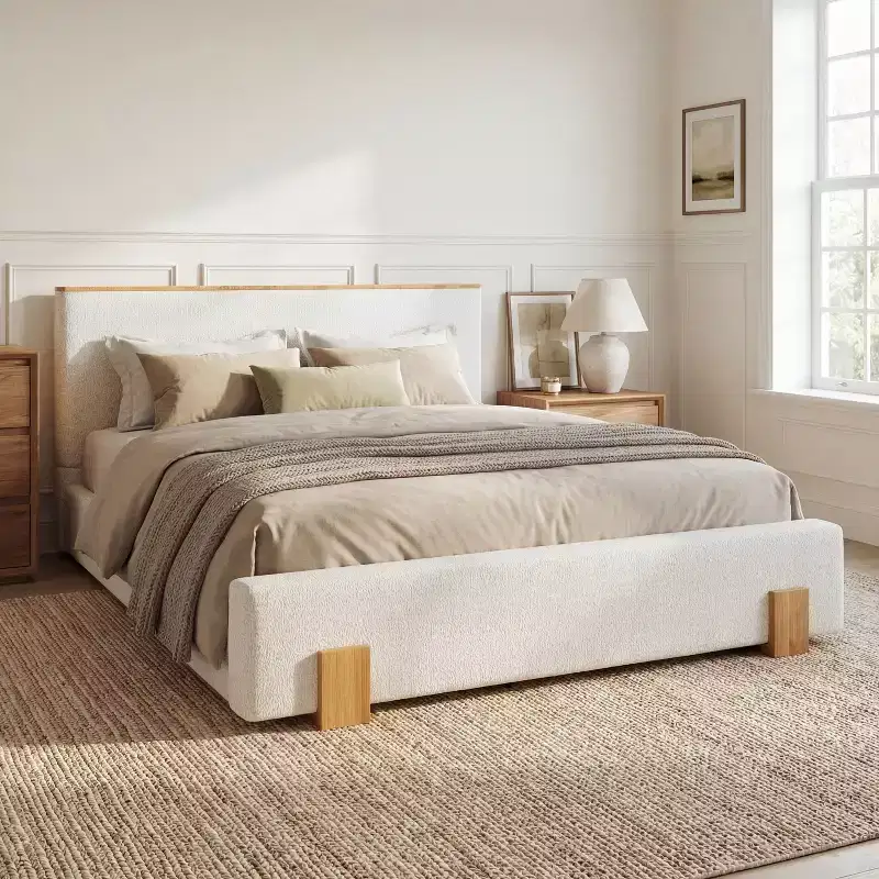 Modern Minimalist Boucle Upholstered Bed with Headboard