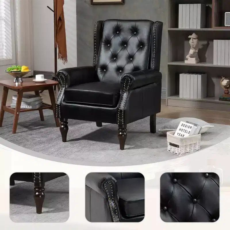 Wood Frame Armchair, Sturdy Wood Legs, Living Room Bedroom, Black PU