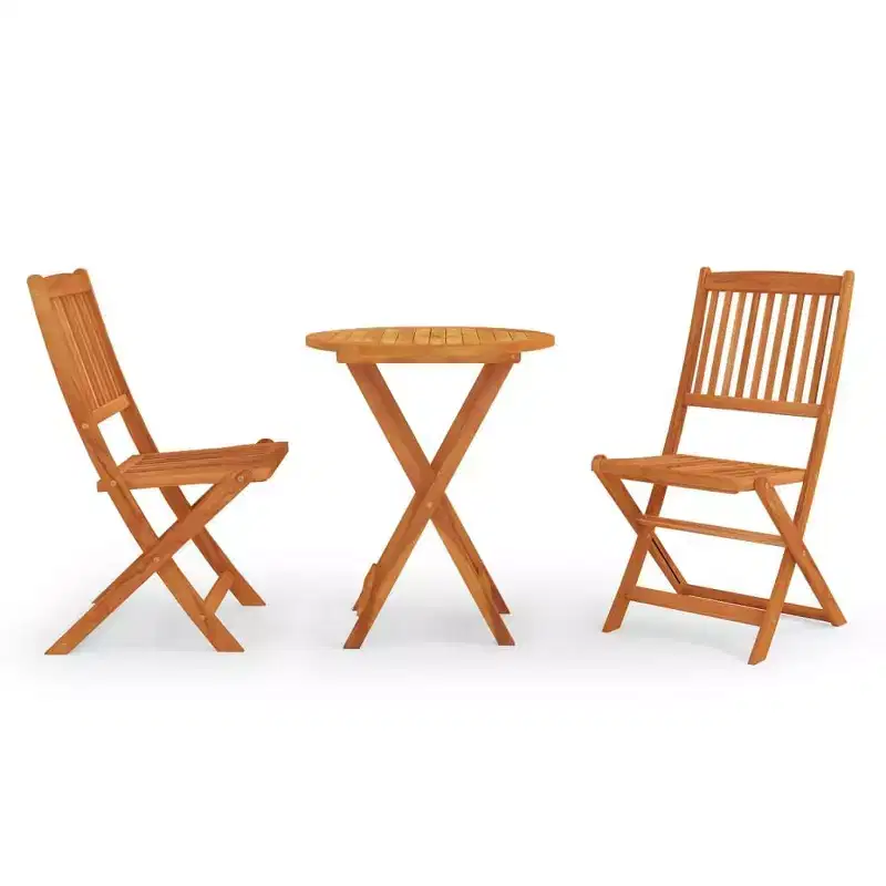 vidaXL Outdoor Patio Dining Set with Foldable Table and Chairs, 3-Piece, Solid Eucalyptus Wood, Round Table with Parasol Hole, Rustic Design