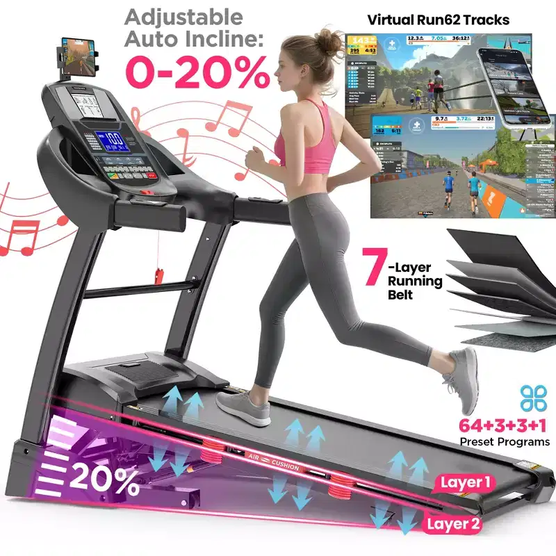 20% Auto Incline Folding Treadmill for Home Office, 300LB, Bluetooth & 71 Preset Programs, App Control, 4.5HP Compact Walking Running Machine