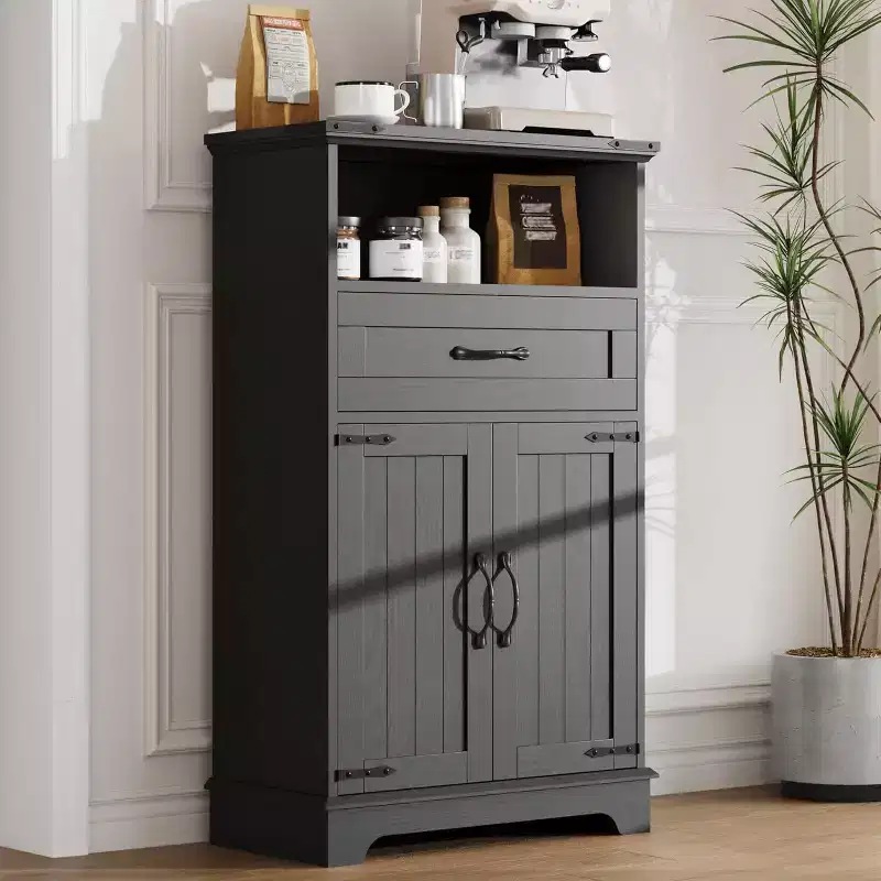 Farmhouse White Storage Cabinet with Doors and Drawers, Freestanding Bathroom Cabinet for Kitchen/Laundry/Living Room/Bedroom