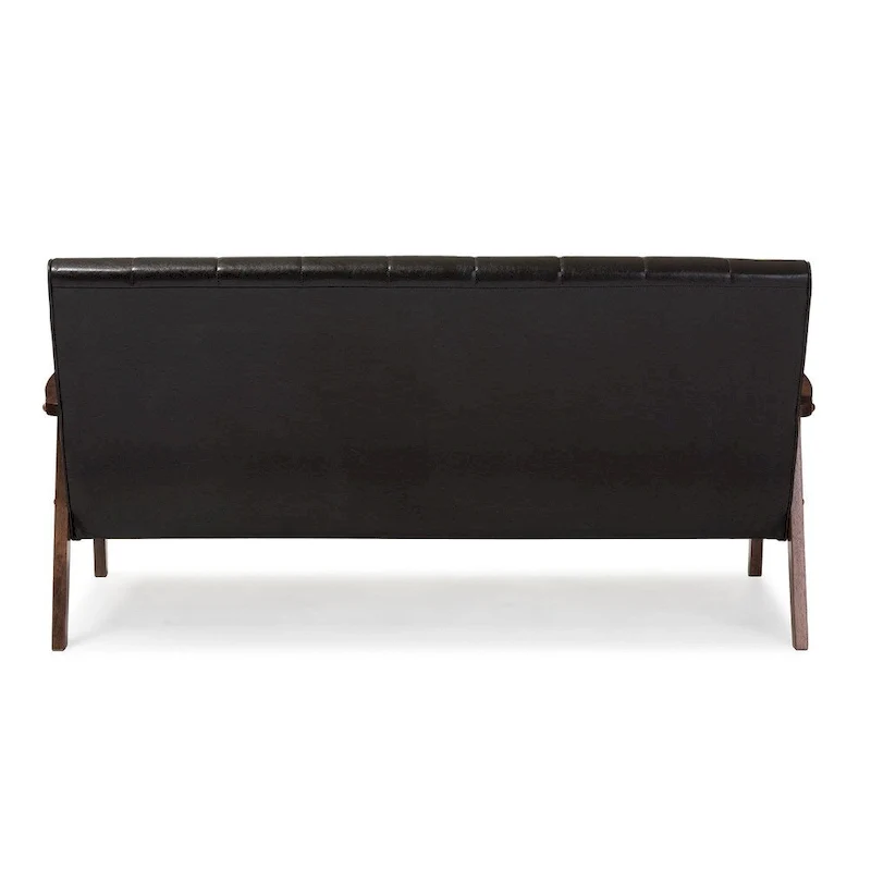 Mid-Century Scandinavian 3-Seater Sofa | Dark Brown Faux Leather | Wooden Frame