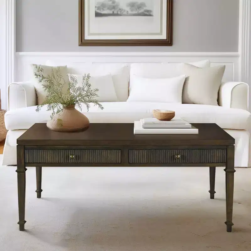 Martha Stewart Kenna Fluted 2 Drawer Coffee Table Brown: Traditional Wood Veneer, Storage, Tapered Legs, Brass Hardware
