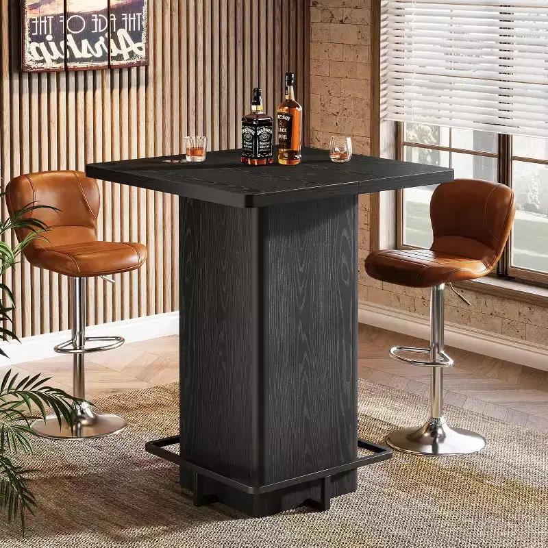 Lantine Square Bar Table, 39.37 High Wooden Bistro Pub Table with Metal Frame Footrest for Dining Coffee Cocktail Living Room, Small Space