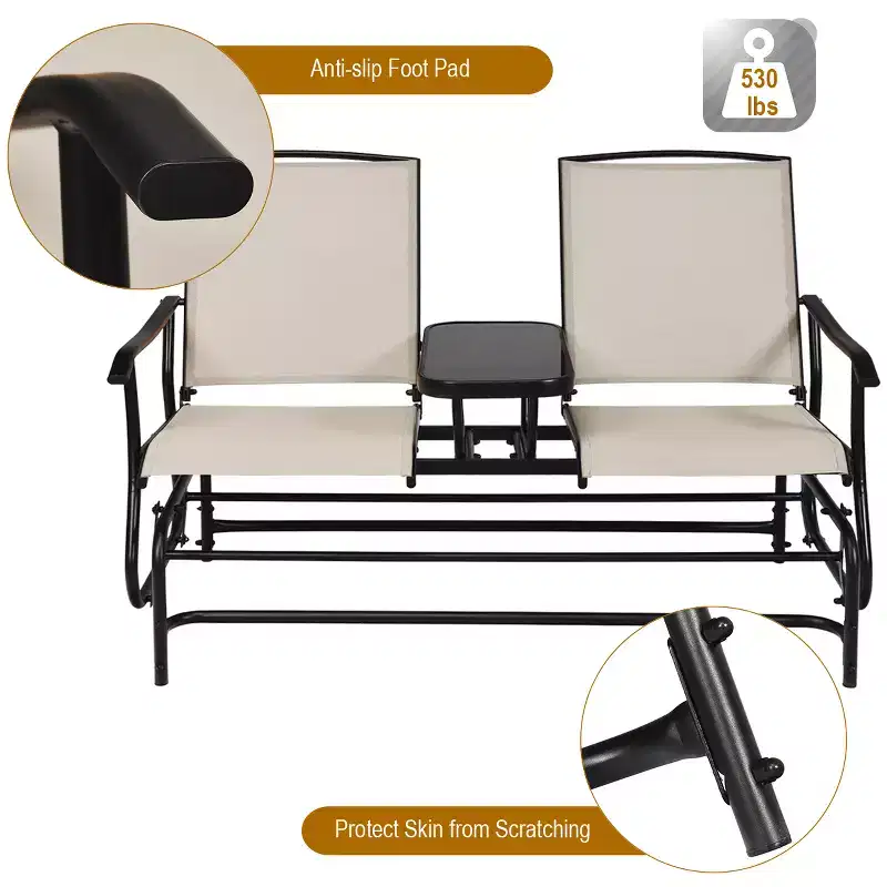 Costway 2 Person Patio Double Glider Steel Frame Loveseat Rocking with Center Table