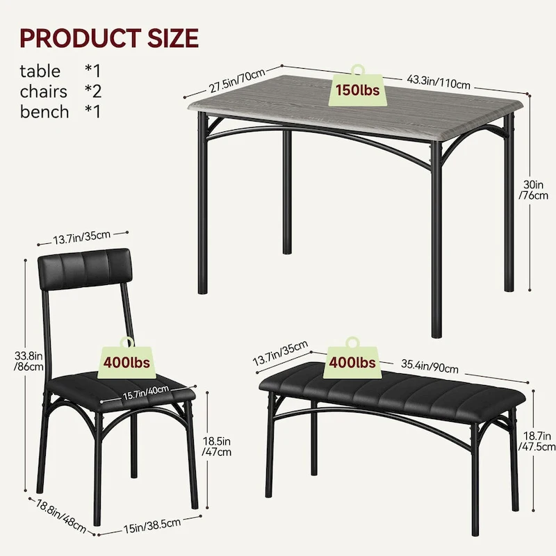 4 Piece Kitchen Table Set with 2 Upholstered Chairs, 1 Bench, 1 Dining Table