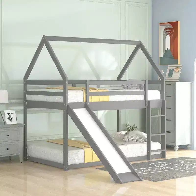 Whisen Twin Size Bunk House Bed with Slide and Ladder