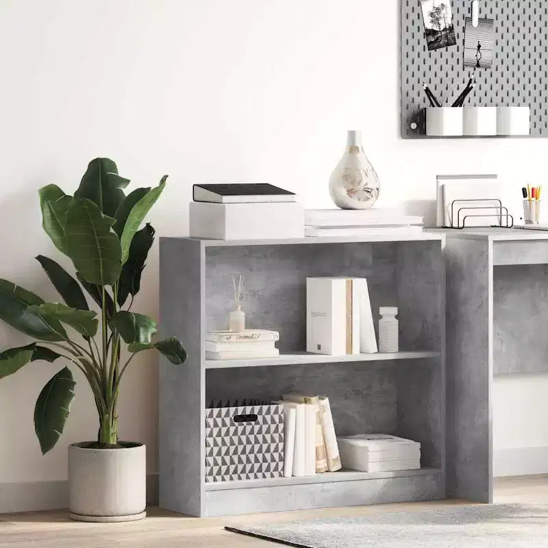 Compact Bookshelf, Concrete Grey Engineered Wood, 2 Shelves, 31.5W x 29.9H x 9.4D