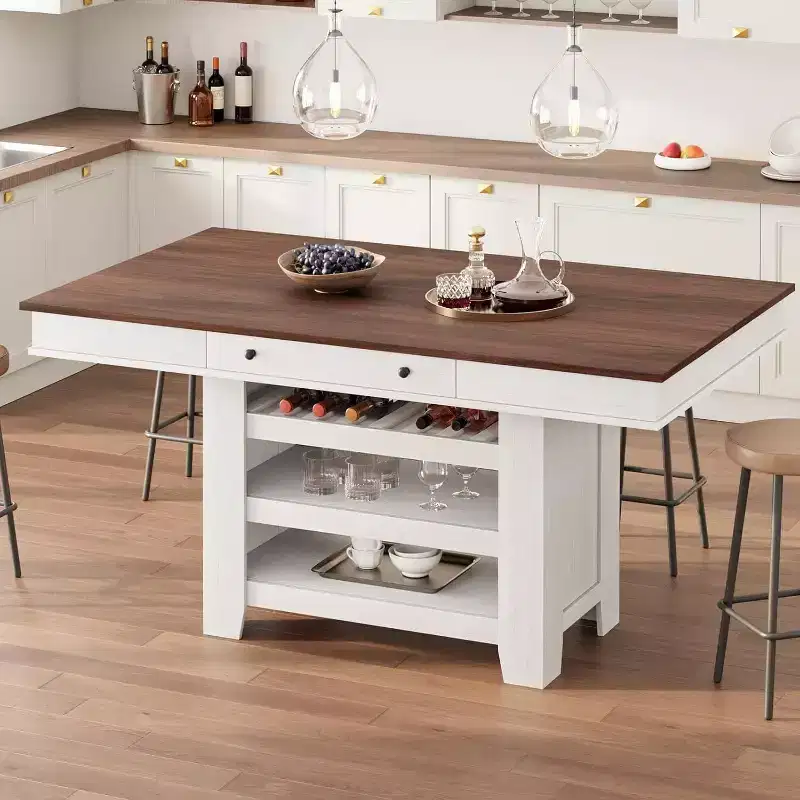 Acekool Counter Height Dining Table, 36 Tall, Farmhouse Rectangular Table with Storage, Wine Rack, Drawers, Easy Assembly,