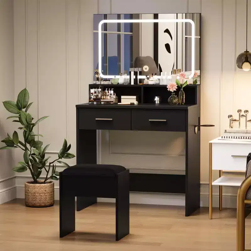 Vanity Set with 3-Color Adjustable LED Mirror, Small Makeup Desk with Power Outlet, 2 Drawers and Cushion Stool Set for Bedroom