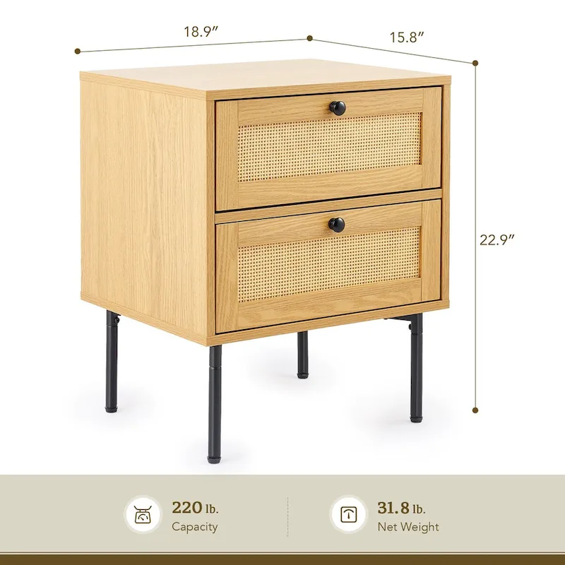 Boho Wicker Rattan Nightstand Bedside Table