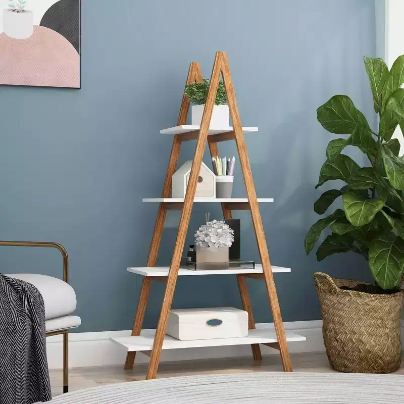 A-Frame Ladder Display Bookshelf, Solid Bamboo Wood, Home Use
