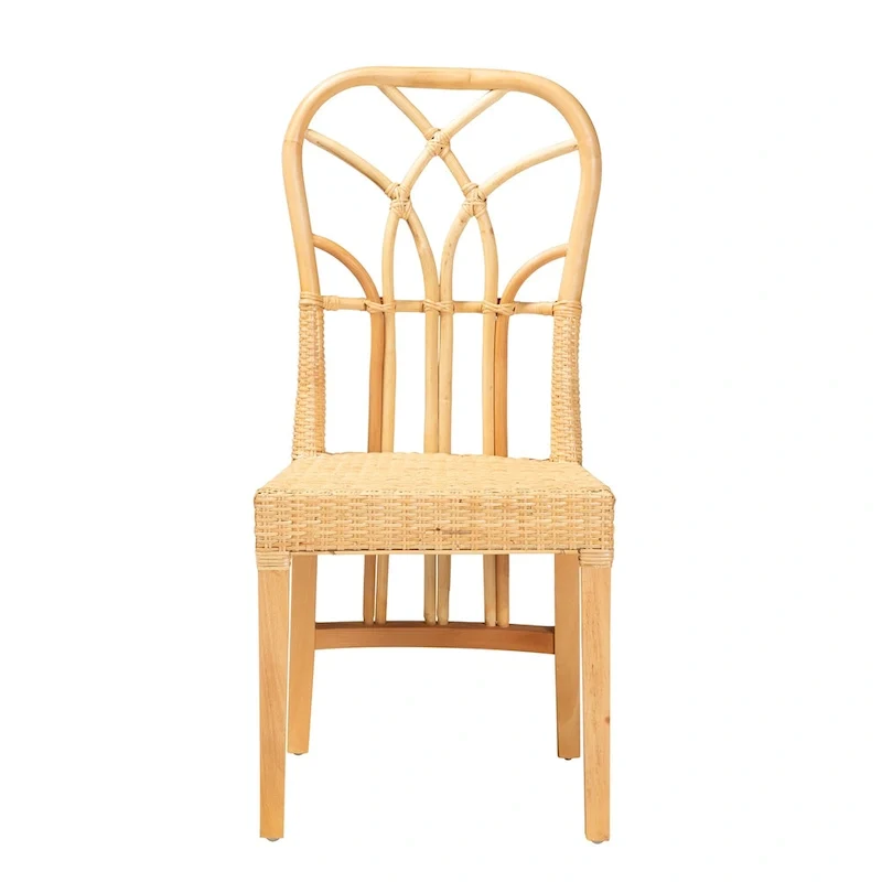 Monaco Modern Bohemian Oak Brown Finished Mahogany Wood and Natural Rattan Dining Chair