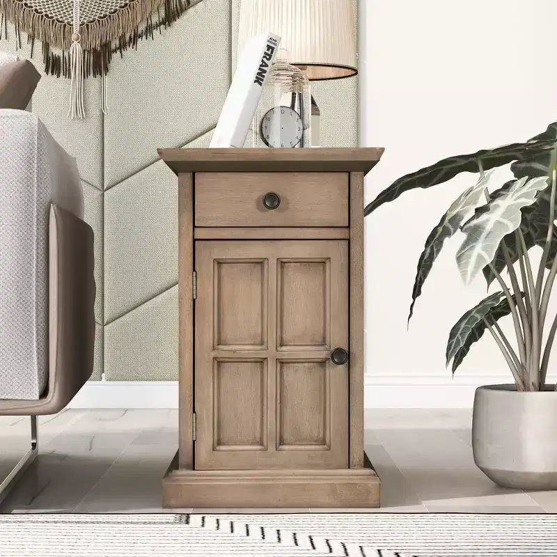 Classic Vintage End Table with USB Ports and 1 Drawer with Cup Holders, Sofa Side Bedside Nightstand Narrow Table for Living Room Bedroom