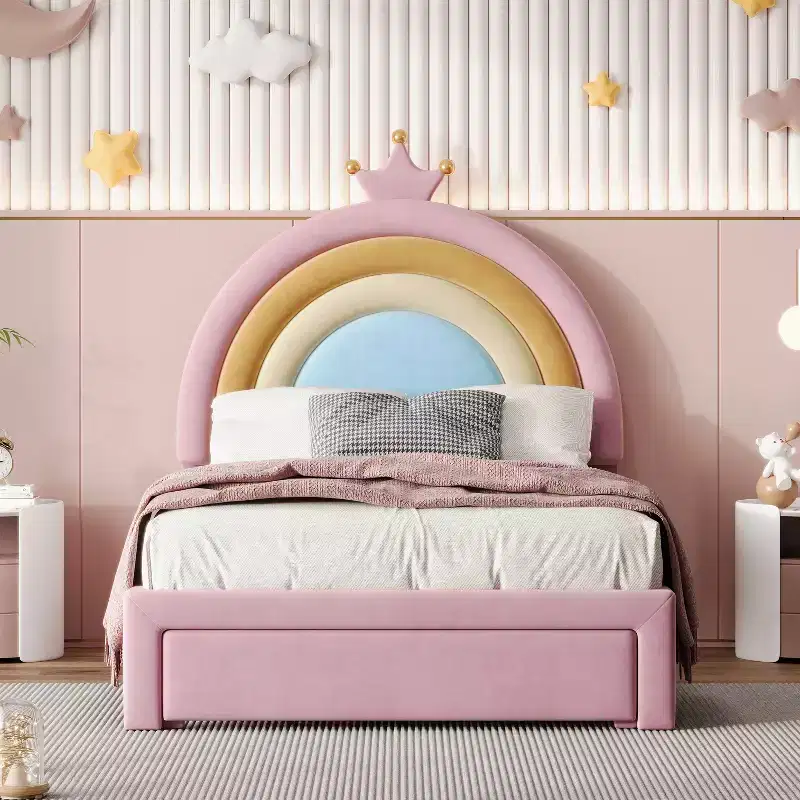 Twin/Full Size Velvet Upholstered Rainbow Design Bed, Princess Platform Bed with Storage Drawer, Pink