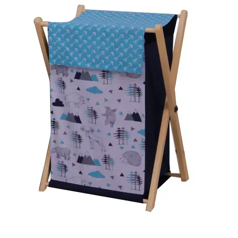 Boys Laundry Hamper with Wooden Frame – Aqua/Navy/Gray, 16x15.5x26.5 in