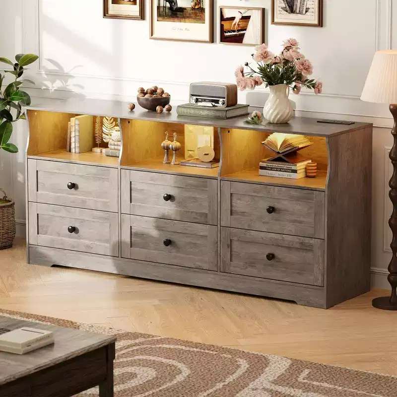 Wood 6-Drawer Dresser TV Stand with Power Outlet & Open Shelves 63''W