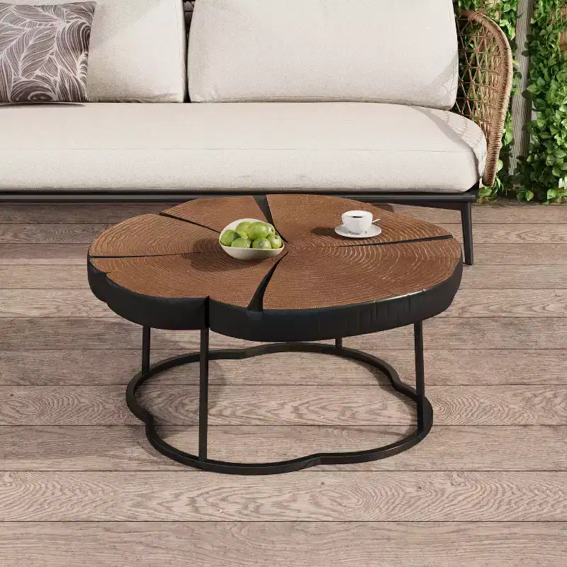 Modern Retro Coffee Table Center Table with Metal Legs, Solid Wood Table Top with Carving Pattern - ModernLuxe