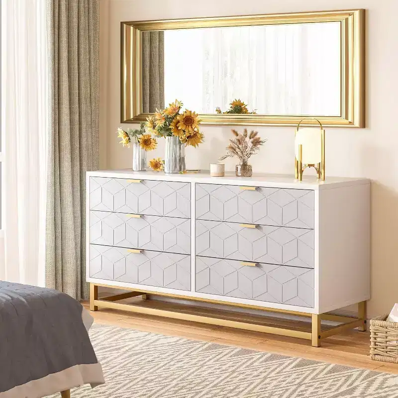 Acekool Grey 6-Drawer Dresser with Gold Metal Handles and Legs, Modern Chest of Drawers for Bedroom, Hallway, Entryway Storage