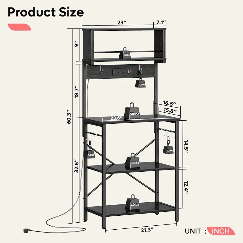 60 Inch Kitchen Baker's Rack with Hutch 8 Side Hooks