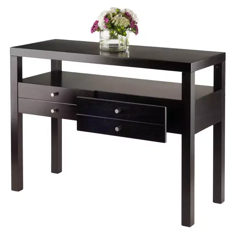 Espresso Console Table with 4 Drawers & Open Shelf