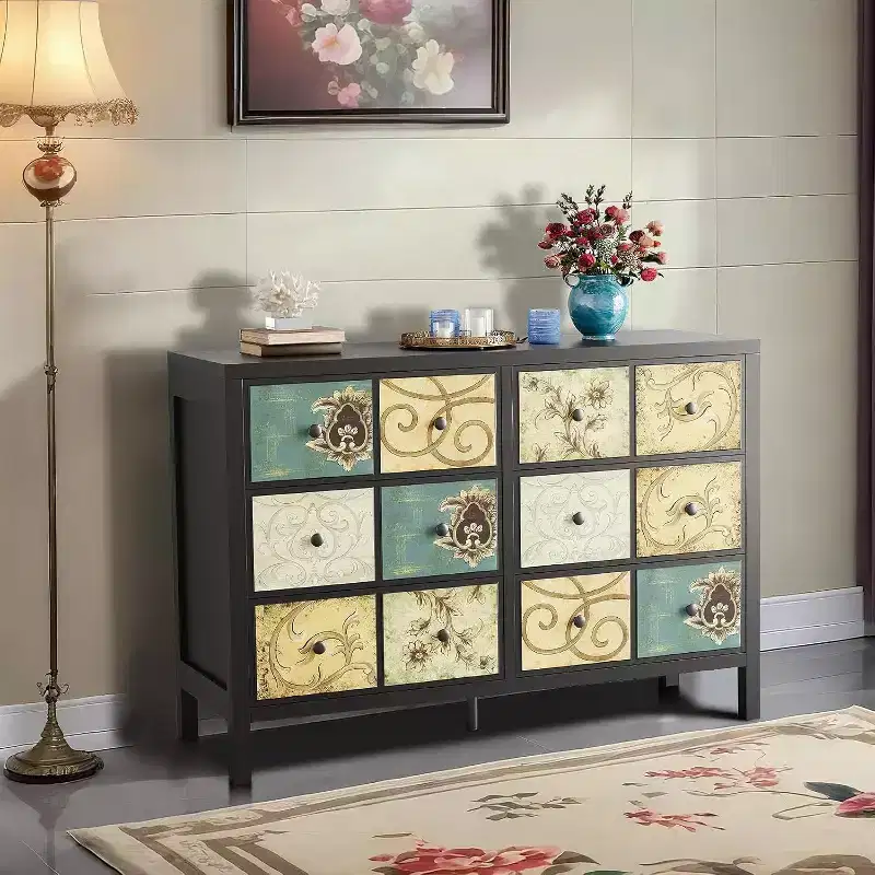 6 Drawers Dresser for Bedroom, Farmhouse Wood Rustic Chest of Drawers with Metal Handle, Retro Floral Pattern Drawer, for Living Room, Black