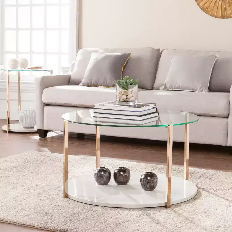Round Glass-Top Coffee Table with Gold Iron Frame