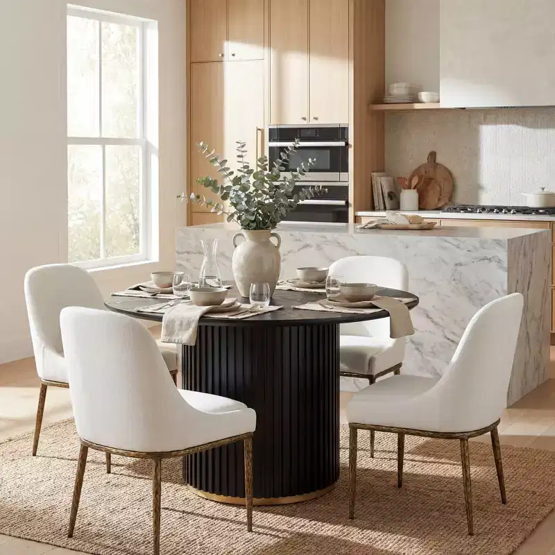 5-Piece Industrial Dining Set, Round Pedestal Table & 4 Upholstered Iron Chairs