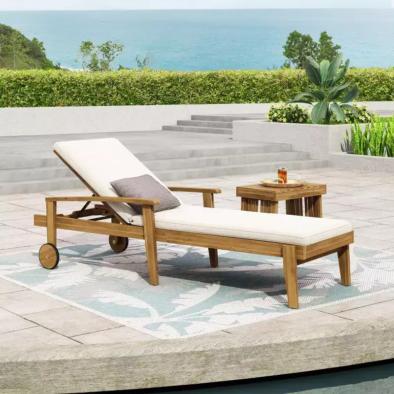 Wood Chaise Lounge Chair with 5 Position Backrest, Outdoor Patio Sun Lounger with Wheels & Water-Resistant Cushion for Garden Poolside