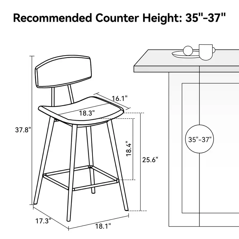 Dyonery Counter-Height Bar Stools  25.6 Faux Leather Stools with Back, Waterproof & Sturdy Metal Frame for Kitchen Island, Rustic Grey