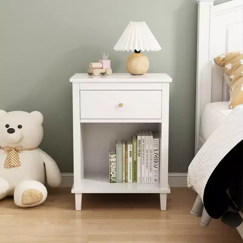 MAYEERTY Wooden Nightstand with One Drawer One Shelf for Bedroom Living Room White