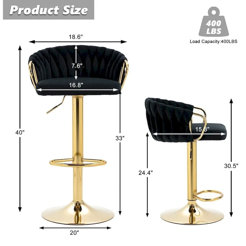 Set of 4 Bar Stool Adjustable Height Swivel Velvet Woven