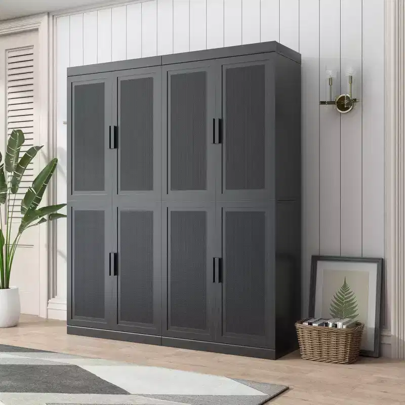 72x62x16 Wood Grain Buffet Cabinet in Black, Storage Organizer with Adjustable Shelves and Rattan Doors for Kitchen Bedroom Entryway Living Room