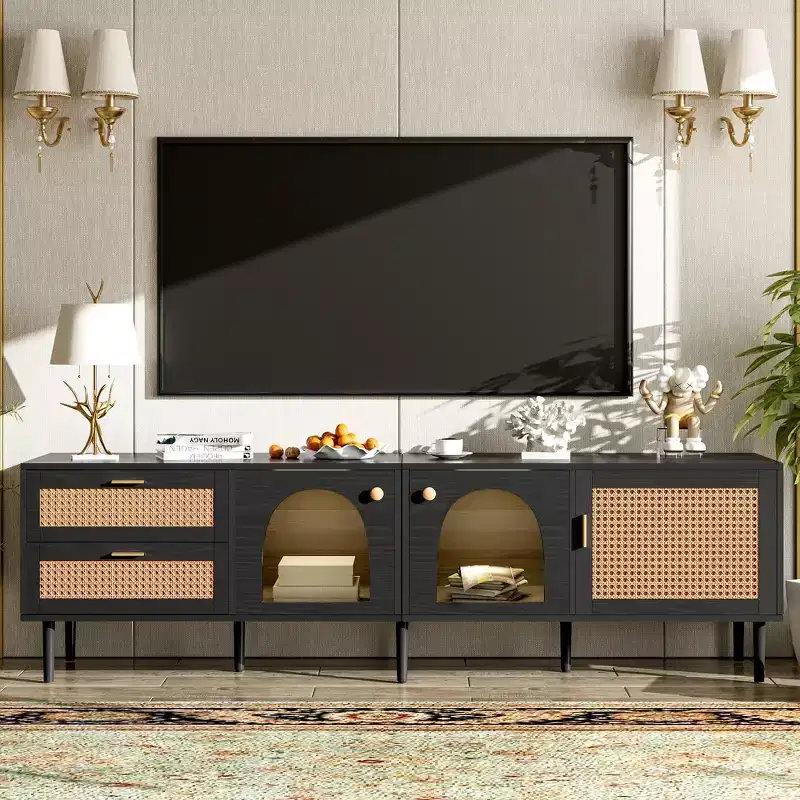 Rattan TV Stand with LED Light for 70 inch TV, Wood TV Storage Cabinet Table with Drawers for Living Room, Black