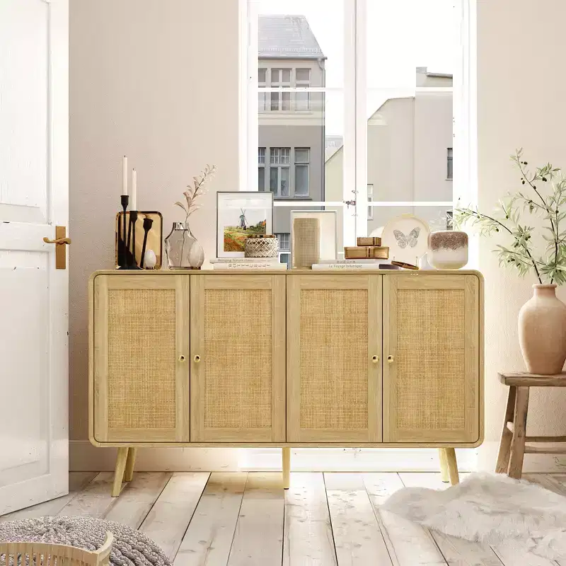 Boho Storage Cabinet with Rattan Woven Doors and Gold Handles - Versatile for Bedroom, Study, Restaurant & Living Room