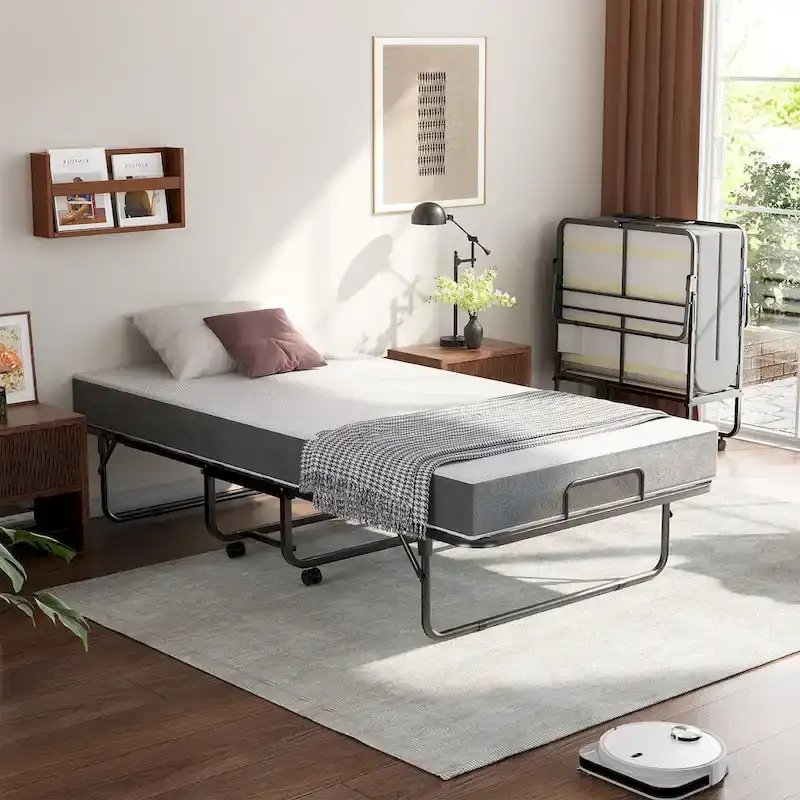 Folding Guest Bed with Memory Foam Mattress and Wheels