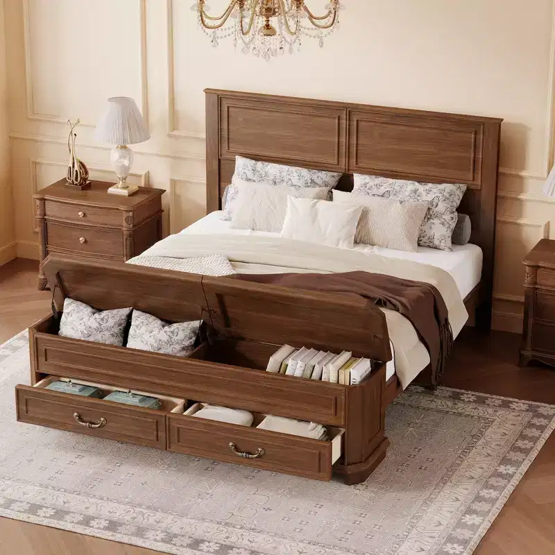 Farmhouse Queen Platform Bed – Headboard, Footboard Storage Bench & 2 Drawers