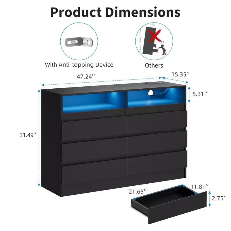 MDF 6-Drawer Dresser with LED Strip & Power Outlets 23.62''W x 38.58''H
