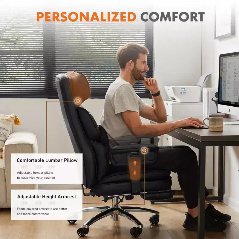 MAYEERTY Chair Exec Home Office Ergonomic High Back with Footrest Lumbar Reclining Height Adjustable PU Leather Swivel Chair with Wheels White