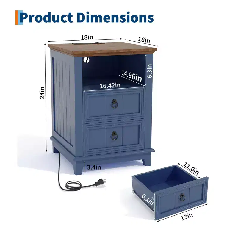 Wood 2-Drawer Nightstand with Charging Station 24''H x 18''W x 18''D