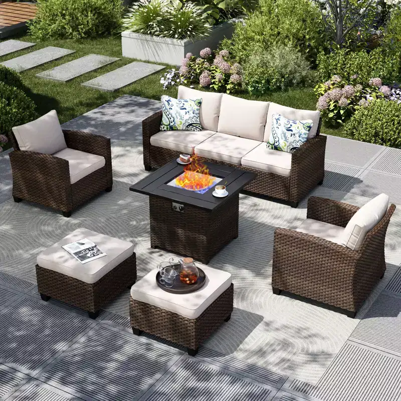 Captiva Designs 6pc Outdoor Patio Wicker Rattan Fire Pit Set with Cushioned Ottomans and Single Sofas