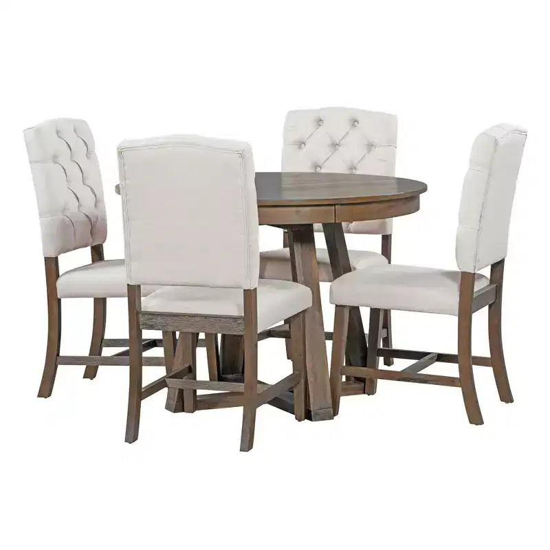 Whisen Retro Style 5-Piece Extendable Dining Set with 4-Botton Tufted Upholstered Chairs