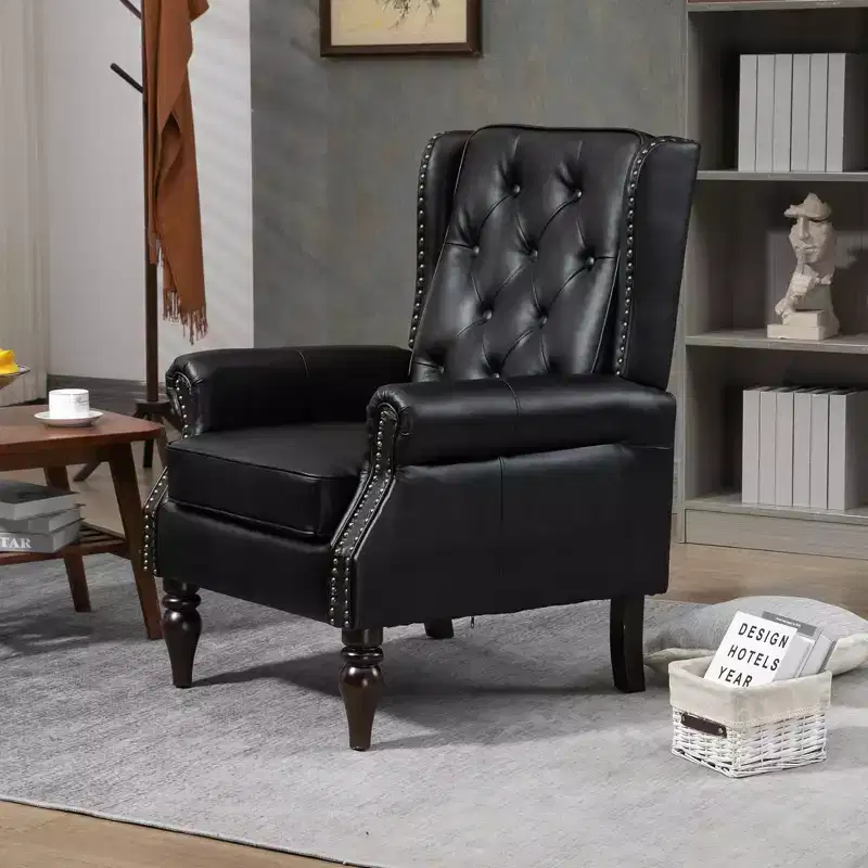 Wood Frame Armchair, Sturdy Wood Legs, Living Room Bedroom, Black PU