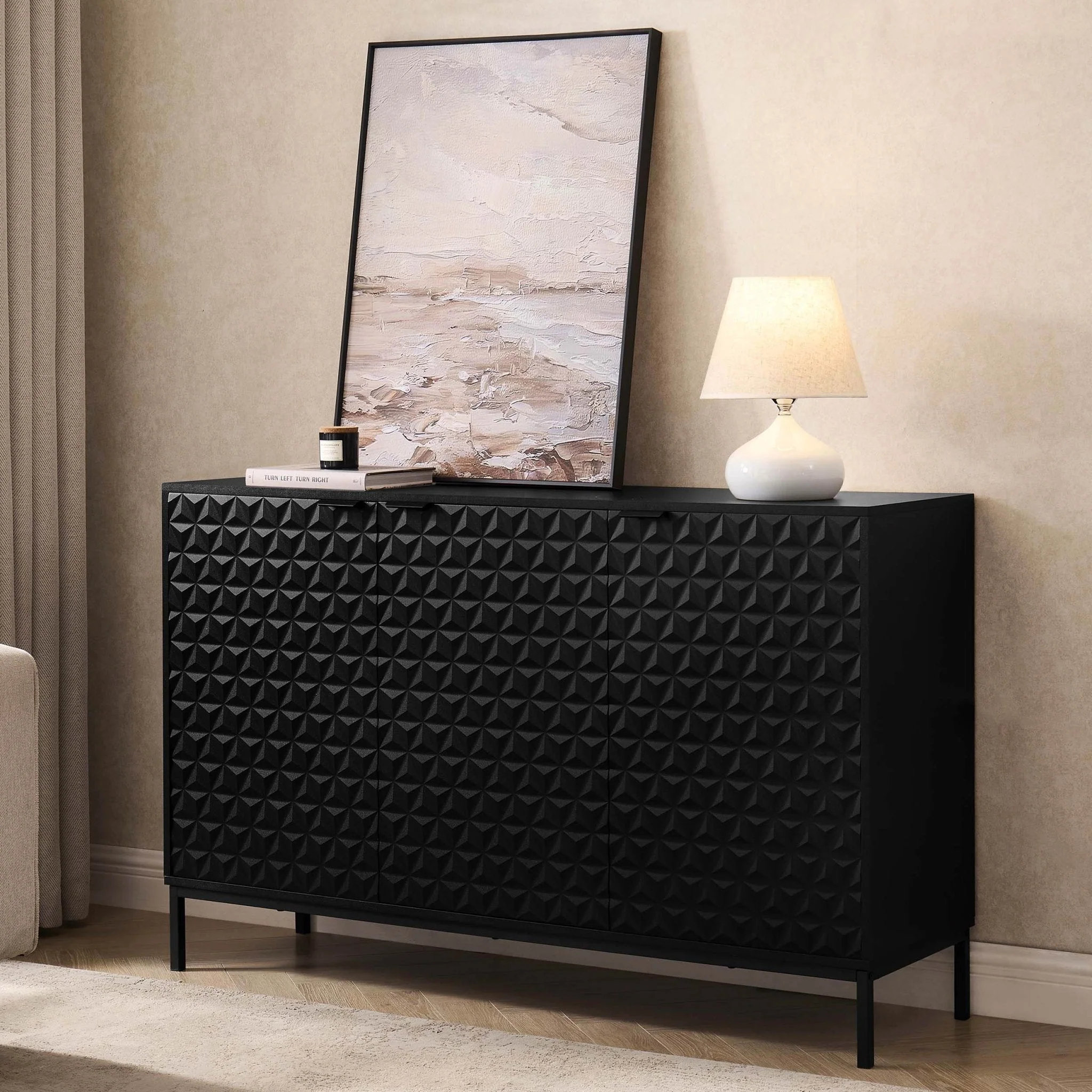 Contemporary Black Painted Sideboard with Geometric Pattern for Living Room