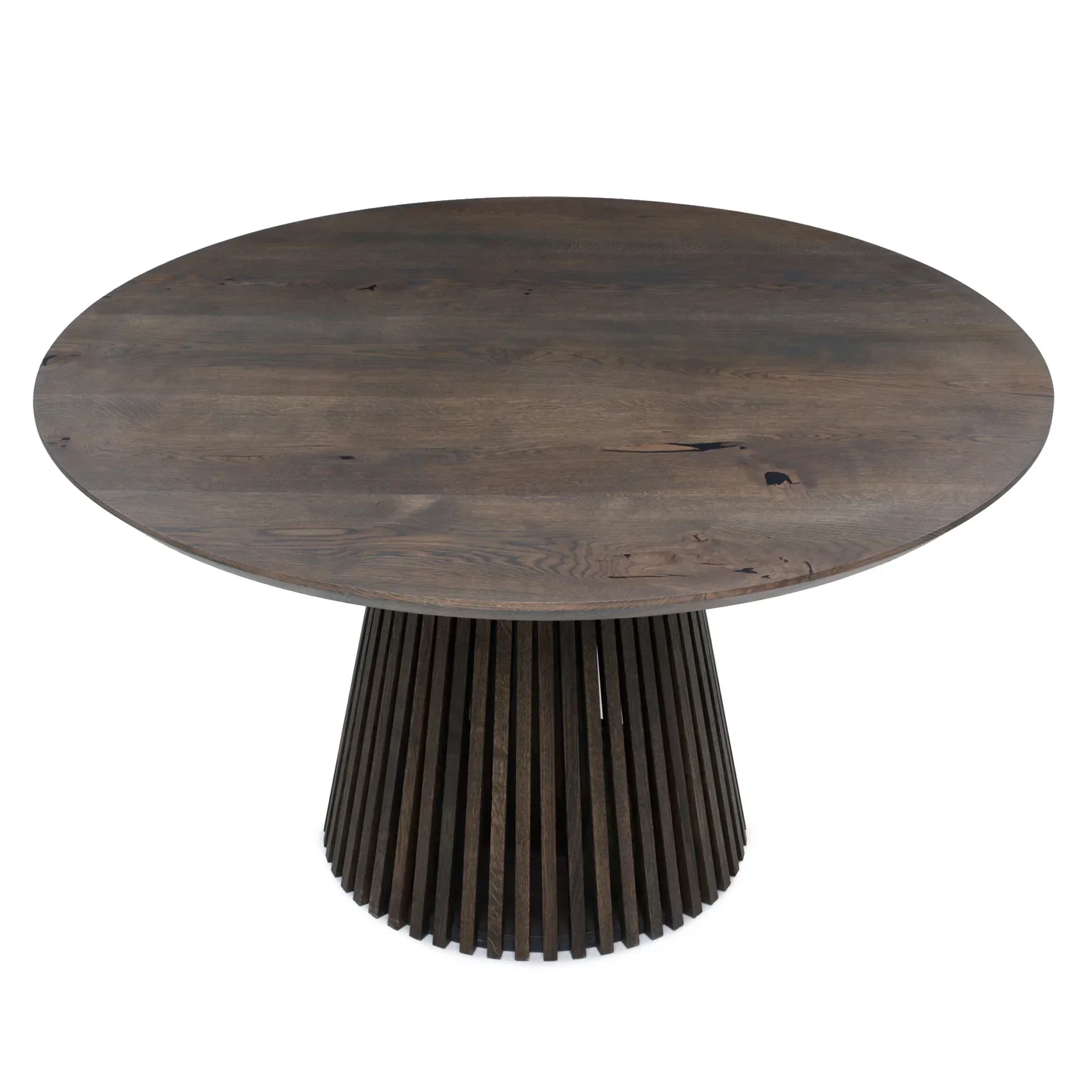 Round Dining Table in Charcoal Oak - featuring its distinctive faceted leg - is a unique and custom-made masterpiece that melds modern