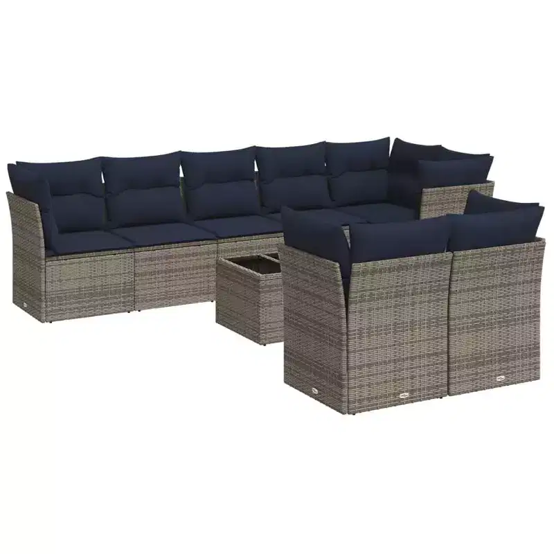 vidaXL 9 Piece Patio Sofa Set with Cushions Gray Poly Rattan